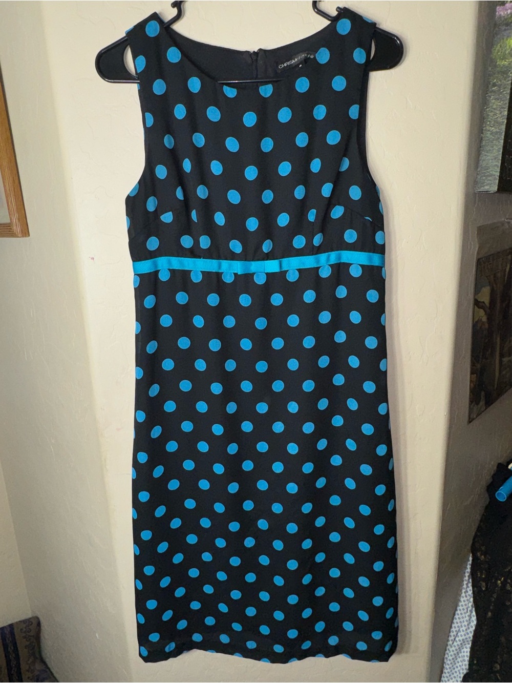 Chris McLaughlin Black Blue Polka Dot Sleeveless Sheath Midi Dress Size 6